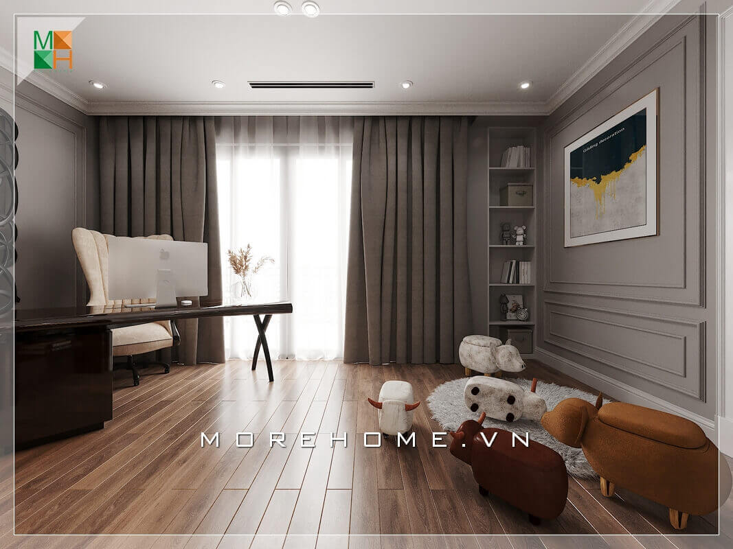 Mẫu thiết kế phòng làm việc chung cư, biệt thự, nhà phố đẹp, bố trí ngăn nắp, có ban công bằng kính rộng tràn đầy ánh sáng. Mẫu thiết kế nội thất chung cư đẹp