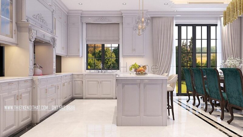 Trang trí nội thất phòng bếp gỗ tự nhiên phun sơn ấn tượng với tone màu trắng tinh khôi, không hề mang đến cảm giác nhàm chán mà thay vào đó là sự sang trọng và hào nhoáng Nội thất phòng bếp
