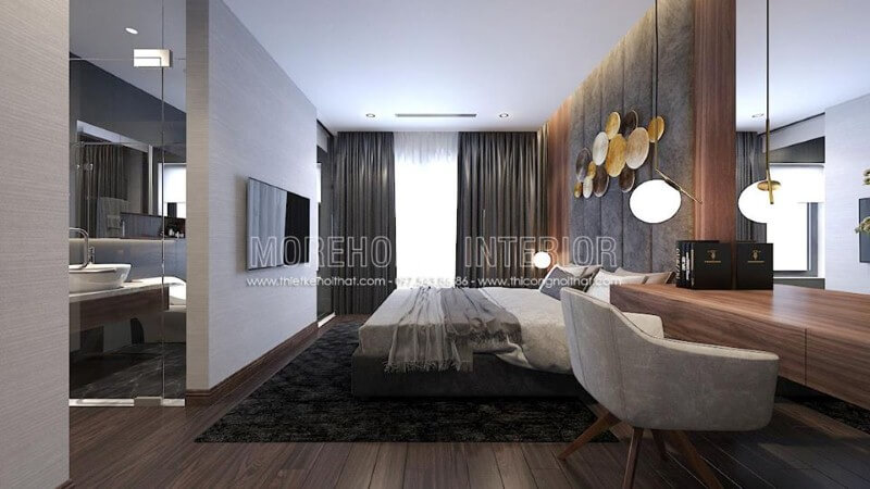 Sắp xếp nội thất phòng ngủ khép kín hiện đại liền phòng vệ sinh độc đáo với ý tưởng thiết kế mở khi sử dụng cửa kính trắng cường lực.
