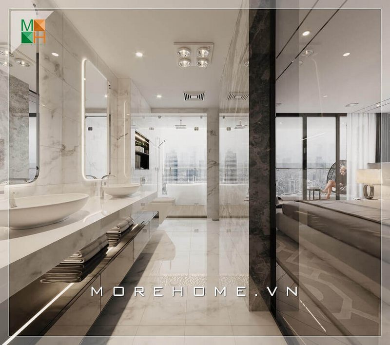 Gương đặt nơi phòng tắm, vệ sinh,... không viền mang vẻ đẹp tinh khiết, thoáng đãng cho căn phòng có bề ngang hẹp.