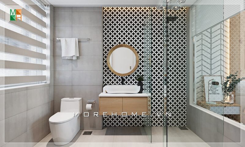 Gương tròn treo khung gỗ nhà tắm đẹp, sang trọng.