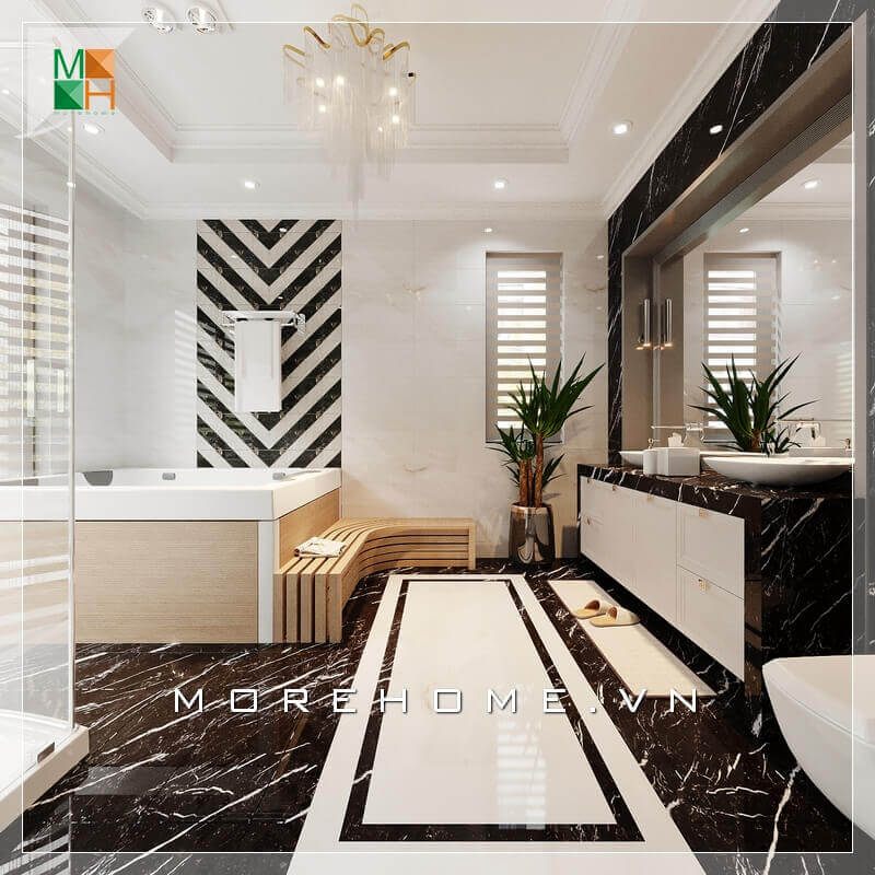 Thiết kế nội thất nhà tắm biệt thự hiện đại với việc sử dụng gương soi lớn, tạo cho không gian căn phòng tắm vừa thông thoáng lại rất sang trọng.